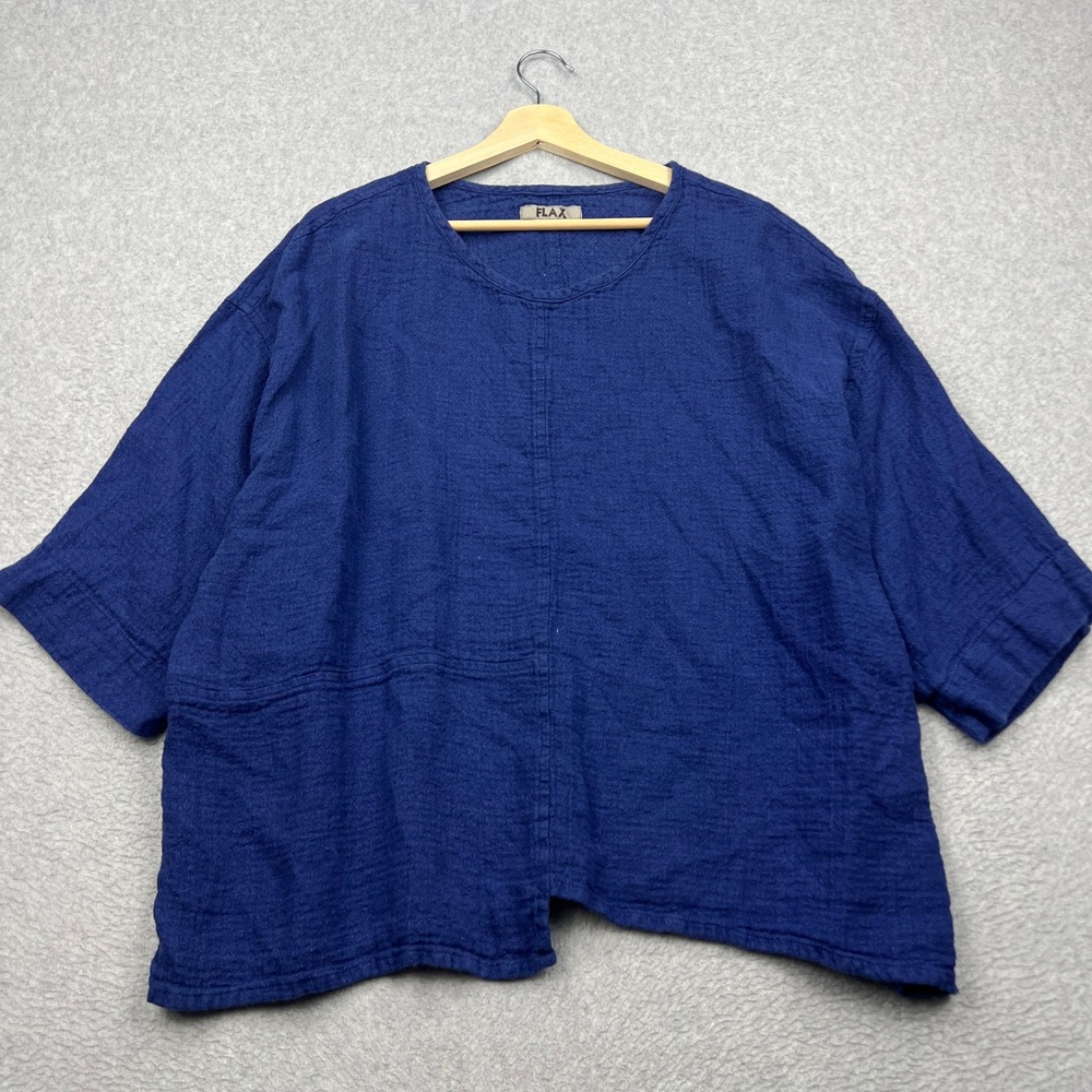 FLAX 100% Linen Top Womens Large Blue 3/4 Sleeve Boxy Lagenlook Tunic Pullover